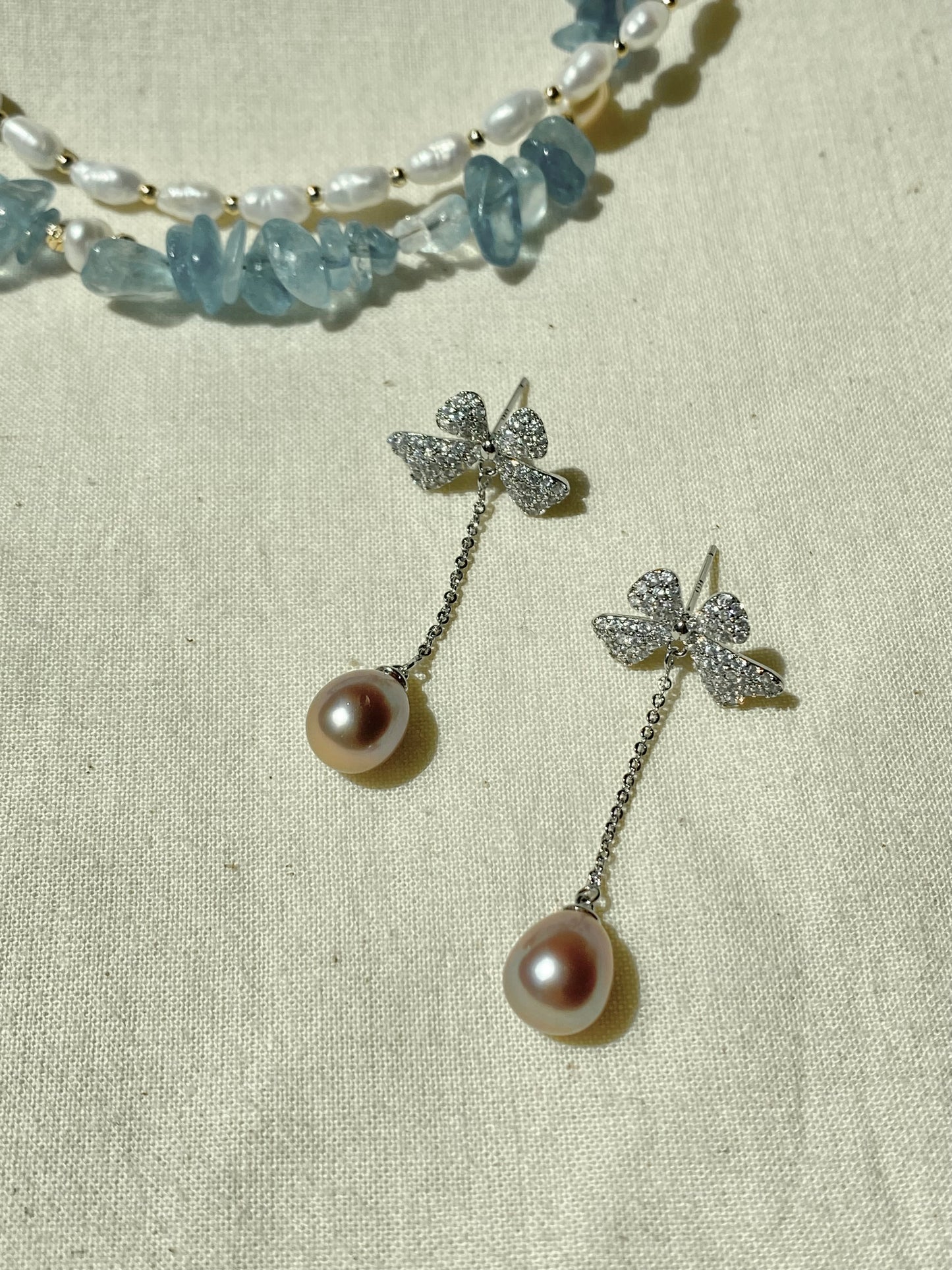 Sparkling Bow Pearl Drop Earrings Purple pink water drop Dangle Earrings | Romantic Wedding Jewelry Bridesmaid Gift Dainty Gift for Her