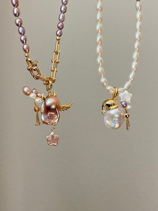 Balloon Pearl Necklace – Handmade Baroque Pearl Devil or Santa Statement Jewelry