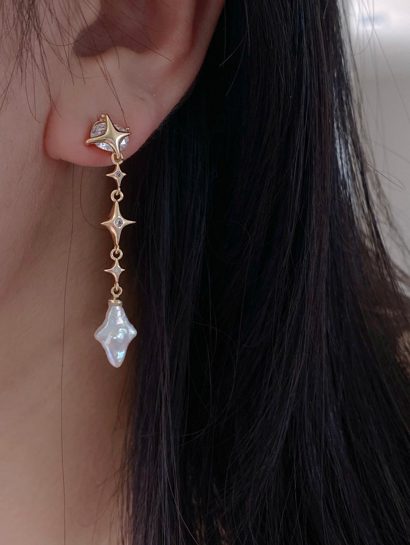Dainty elegant Dreamworld Baroque cross star Pearl Drop Earring Gold Filled dangle stud earrings