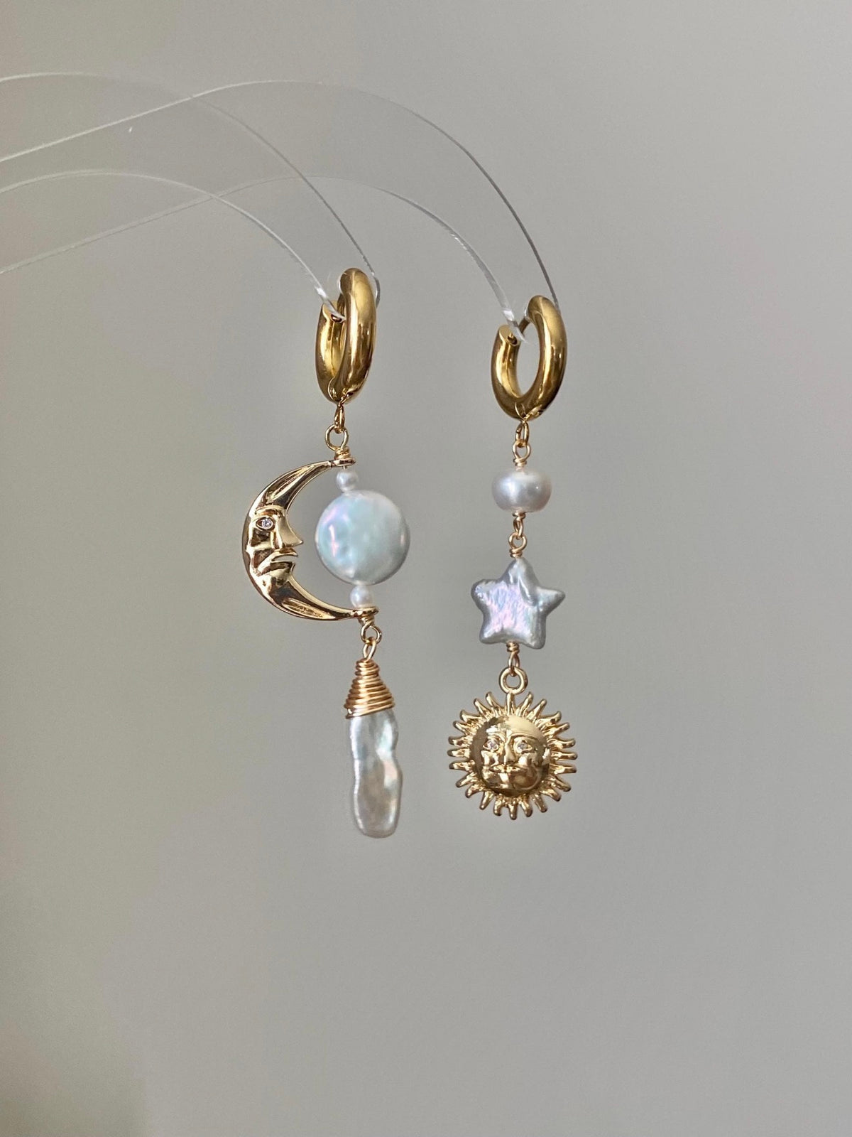 Handmade Natural Baroque Pearl Earrings - Celestial Sun Moon Star