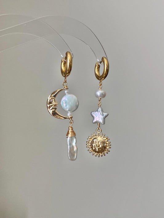 Handmade Natural Baroque Pearl Earrings - Celestial Sun Moon Star