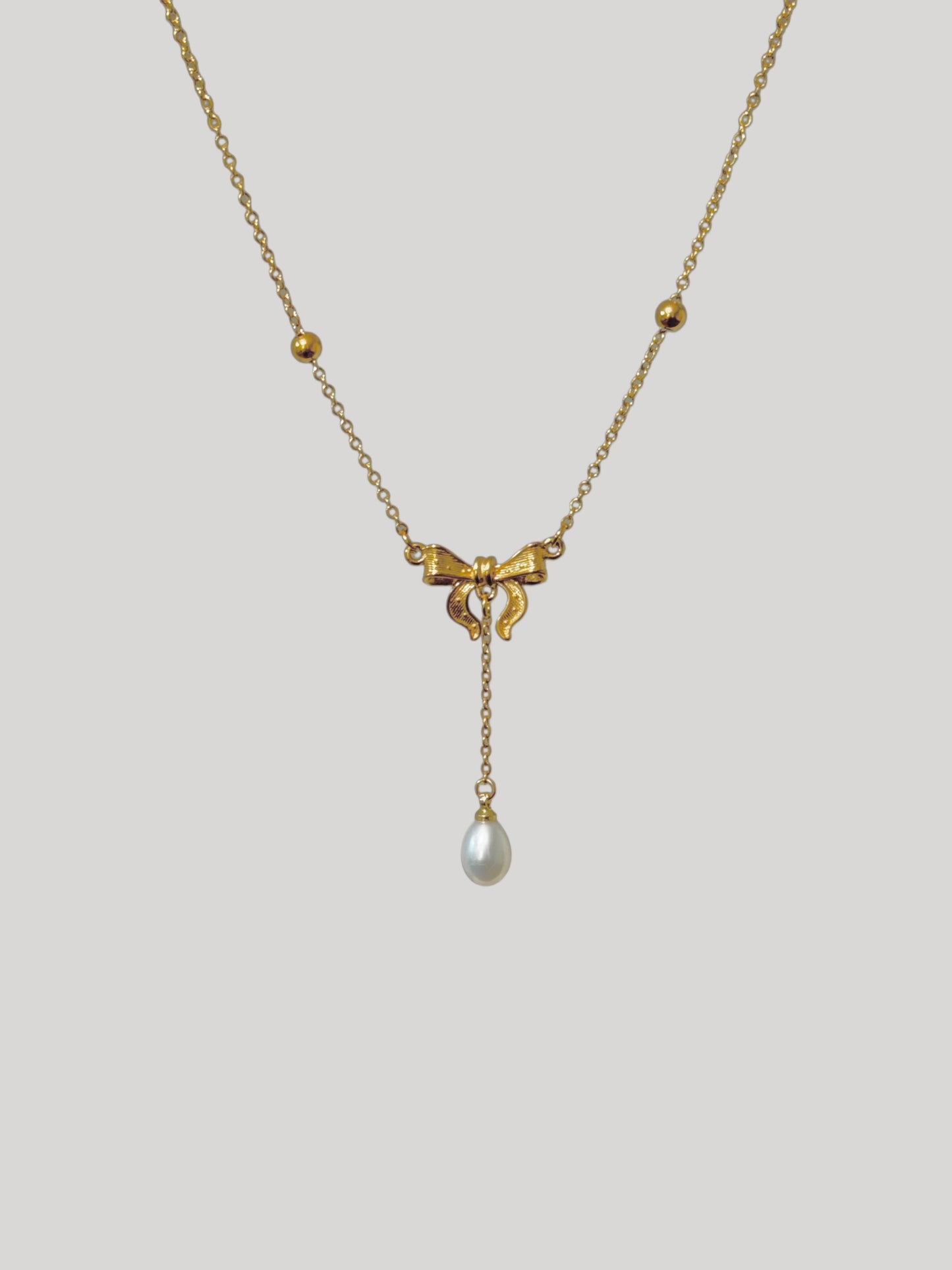 Gold Bow Tie Pearl Drop Y Necklace Vintage Romantic Jewelry