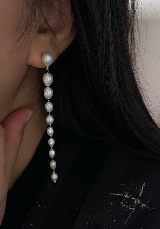 Graduated Pearl Line Earrings Long Minimalist Drop Jewelry