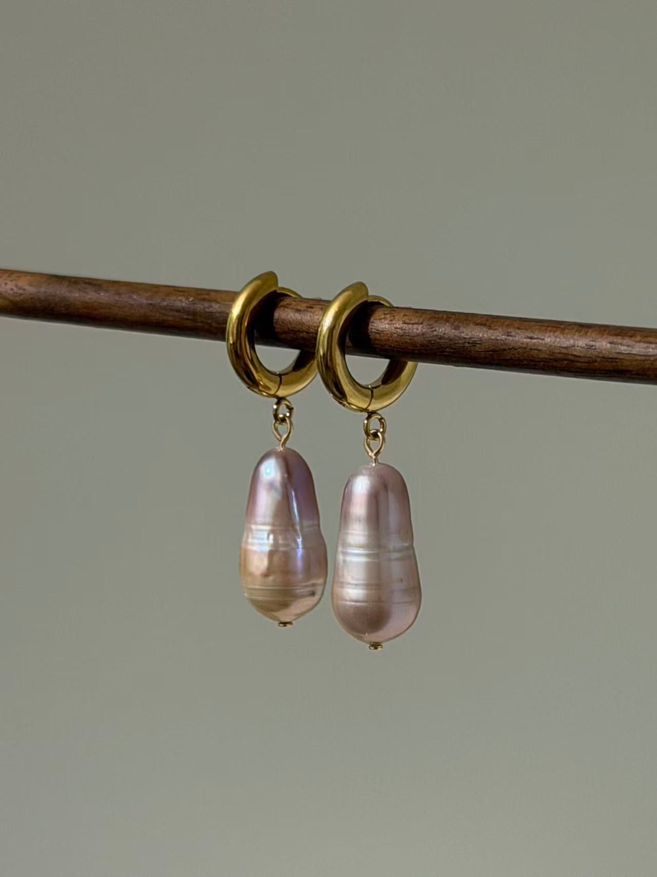 Iridescent Mermaid Pearl Hoop Earrings Baroque Bullet Dangles
