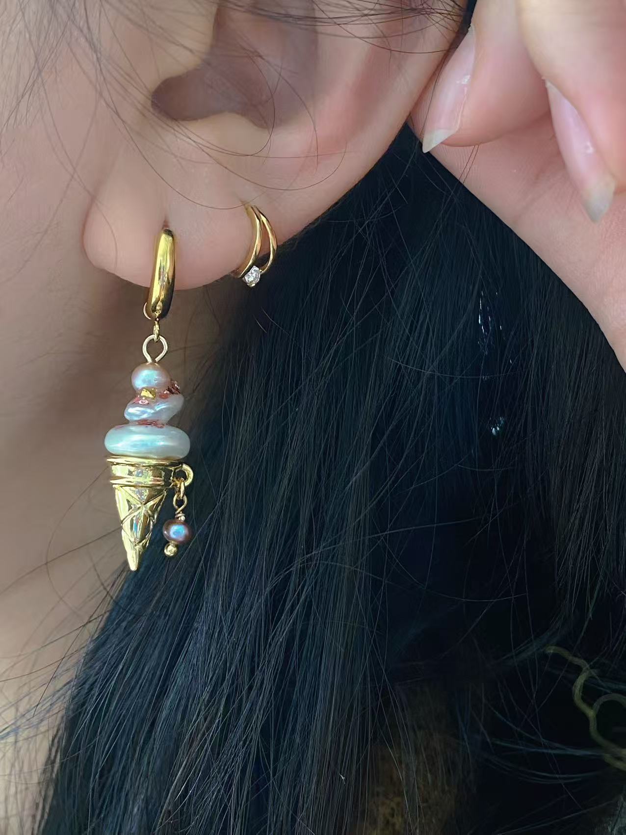 Ice Cream Pearl Drop Earrings Whimsical Gold Huggie Jewelry