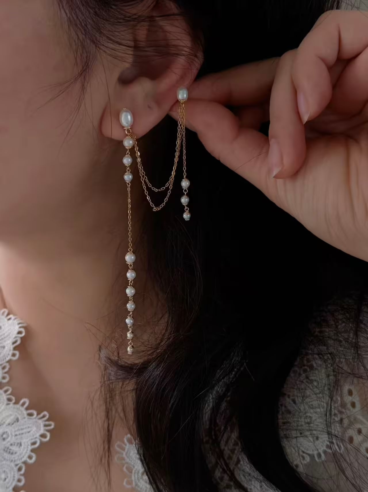 Extra Long Pearl Drop Earrings Asymmetric Gold Chain Dangles Earring