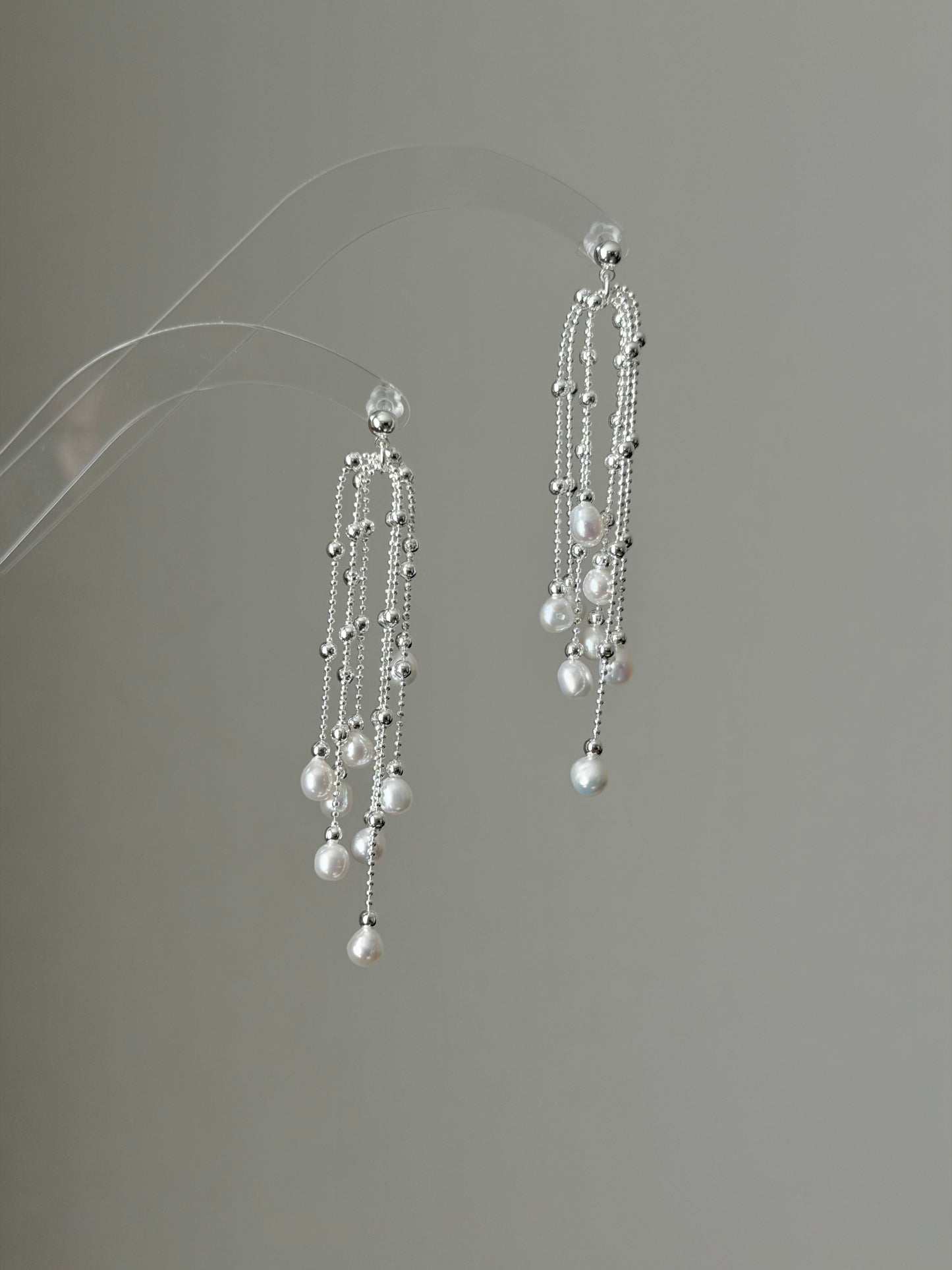 Pearl Waterfall Earrings Long Multi Strand Tassel Dangles