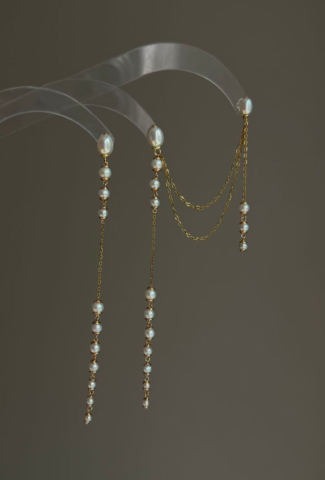Extra Long Pearl Drop Earrings Asymmetric Gold Chain Dangles Earring
