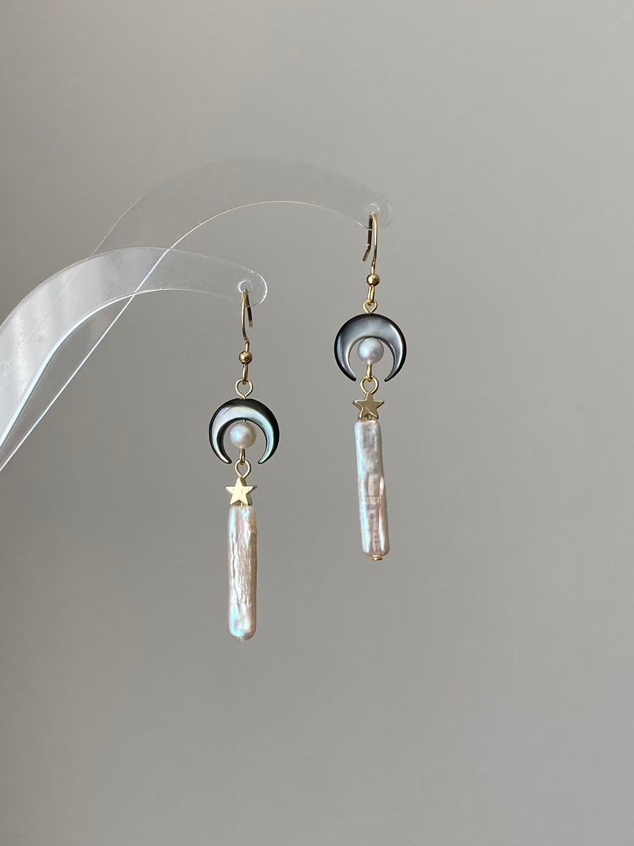 Crescent Moon Stick Pearl Earrings Celestial Witchy Jewelry