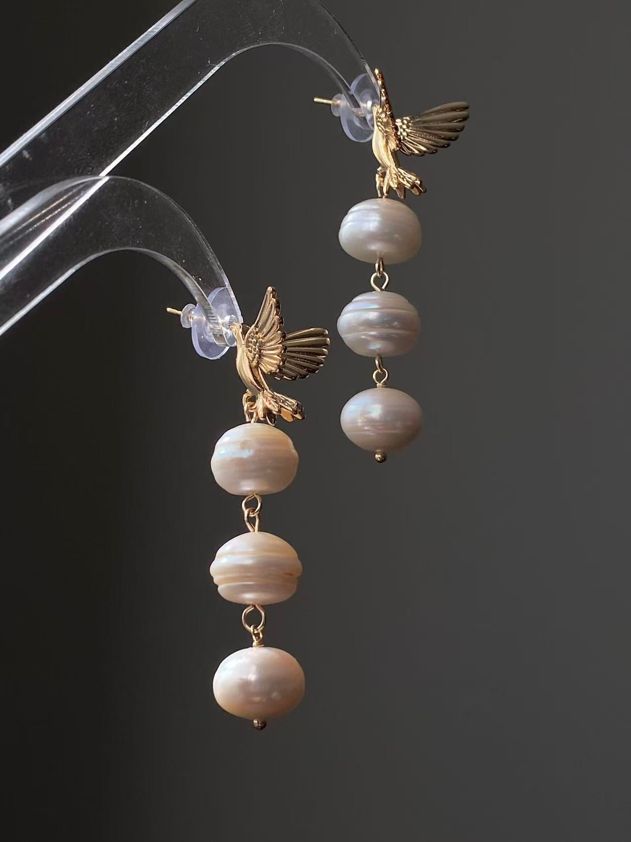 Triple Baroque Pearl Drop Earrings Gold Hummingbird Jewelry