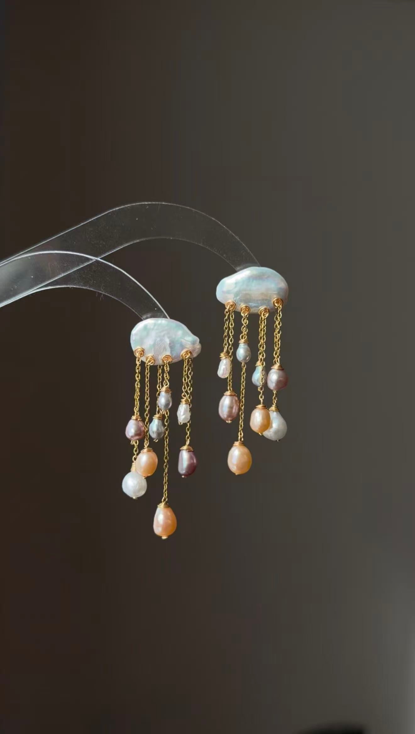 Rainstorm Hand-Drilled Pearl Cloud Earrings | Hand-woven Raindrop Jewelry