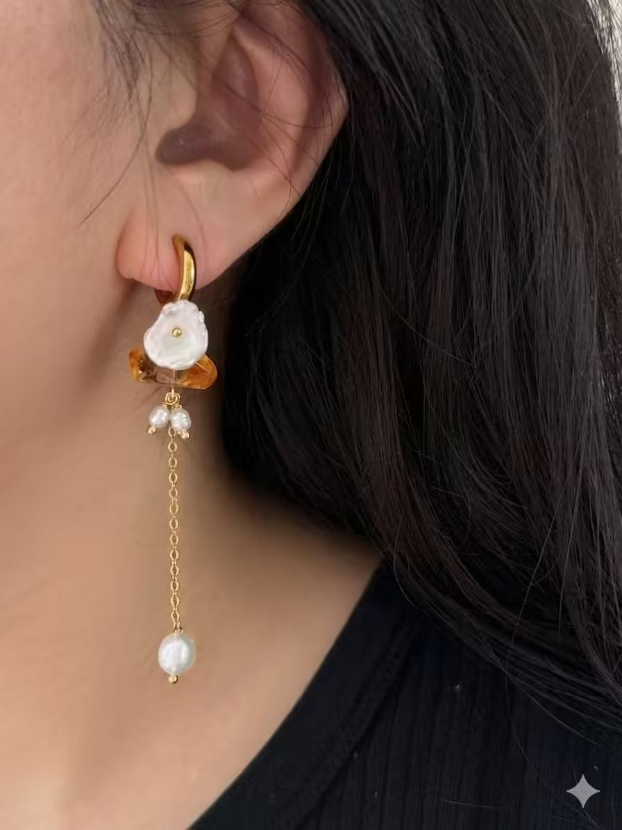 Citrine Baroque Pearl Dangle Earrings Fairycore Gemstone Jewelry