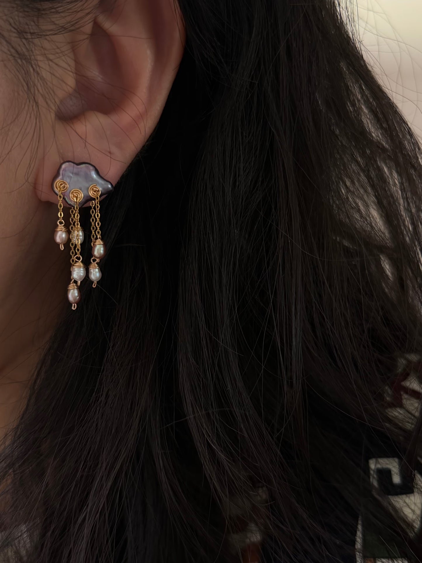 Midnight Deluge Hand-Drilled Pearl Cloud Earrings | Hand-woven Raindrop Jewelry