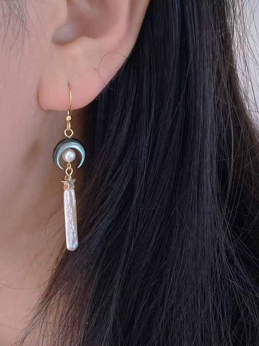 Crescent Moon Stick Pearl Earrings Celestial Witchy Jewelry