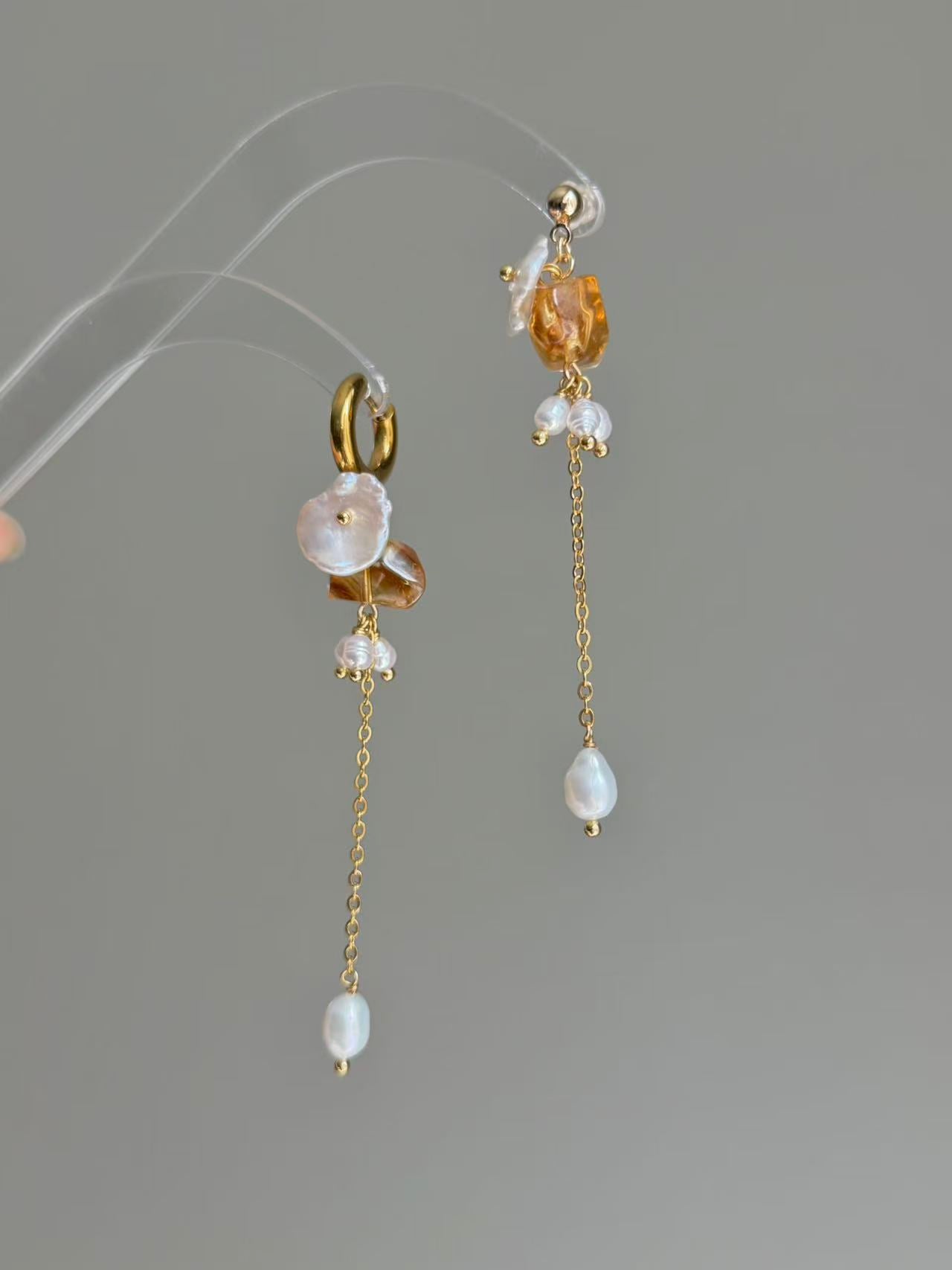 Citrine Baroque Pearl Dangle Earrings Fairycore Gemstone Jewelry