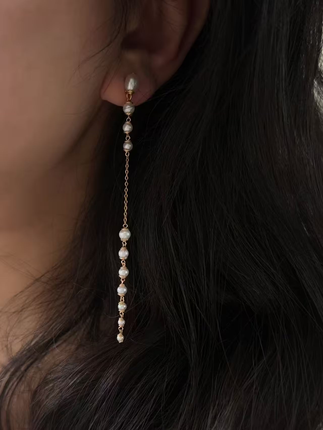 Extra Long Pearl Drop Earrings Asymmetric Gold Chain Dangles Earring