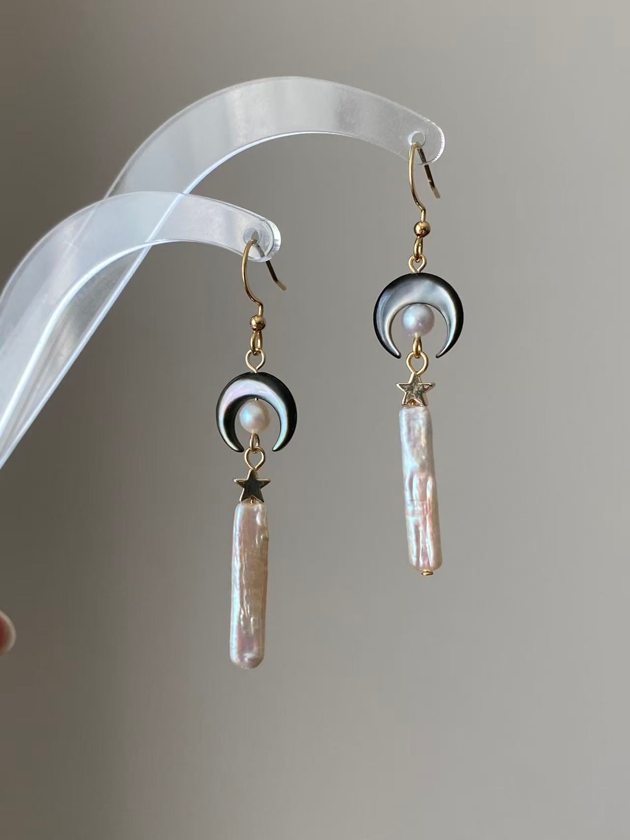 Crescent Moon Stick Pearl Earrings Celestial Witchy Jewelry