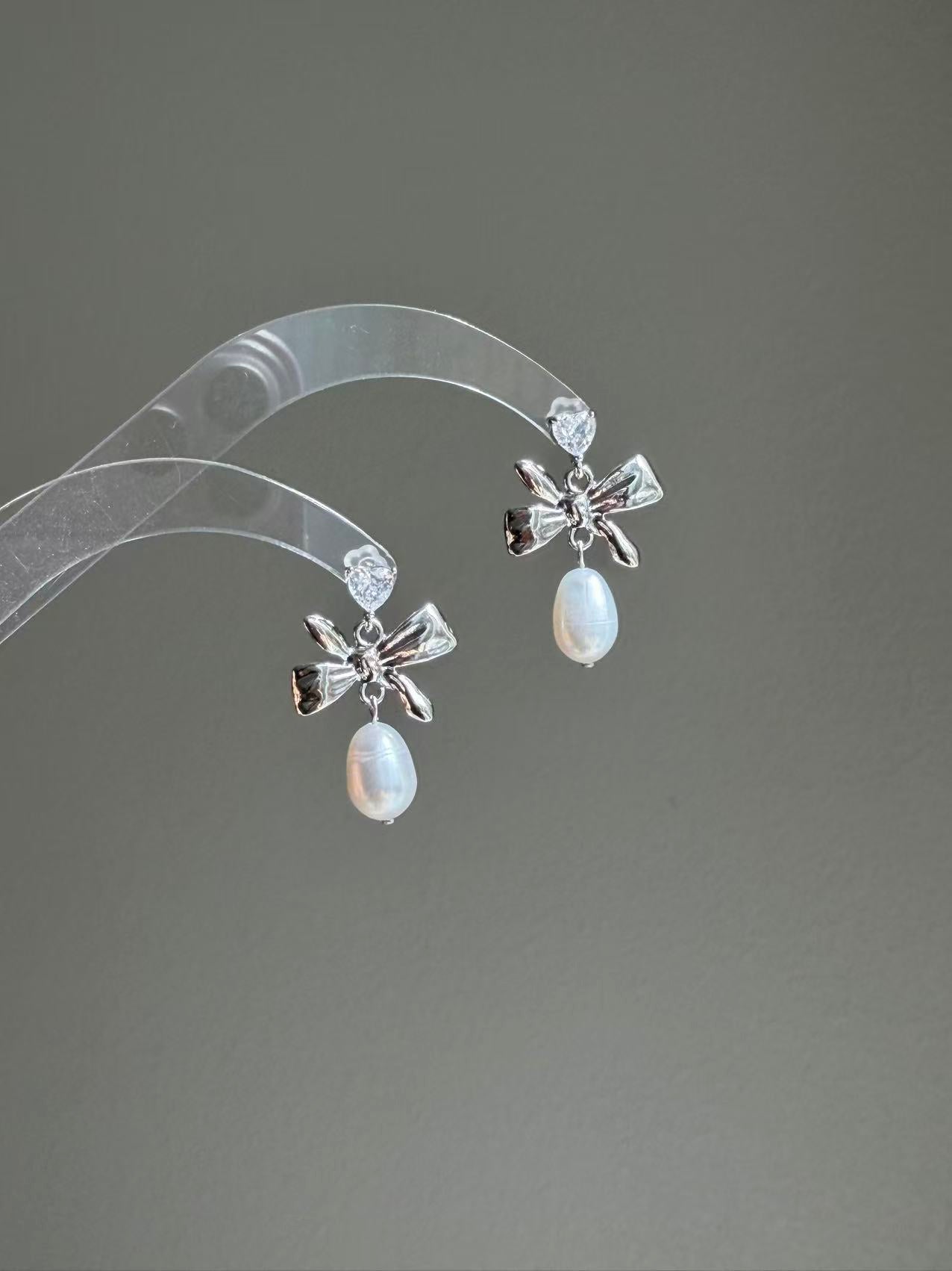 Heart Zirconia Bow Pearl Earrings Vintage Coquette Jewelry
