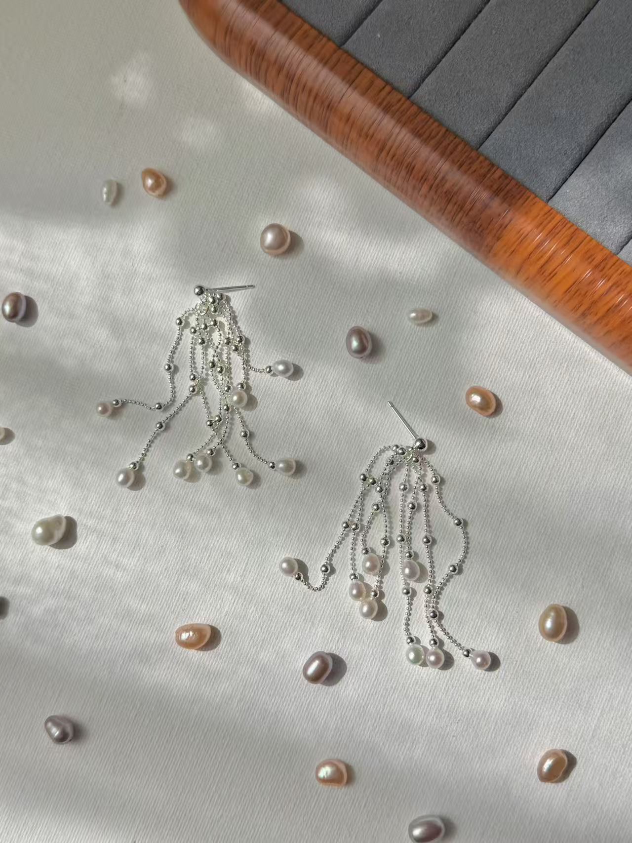 Pearl Waterfall Earrings Long Multi Strand Tassel Dangles