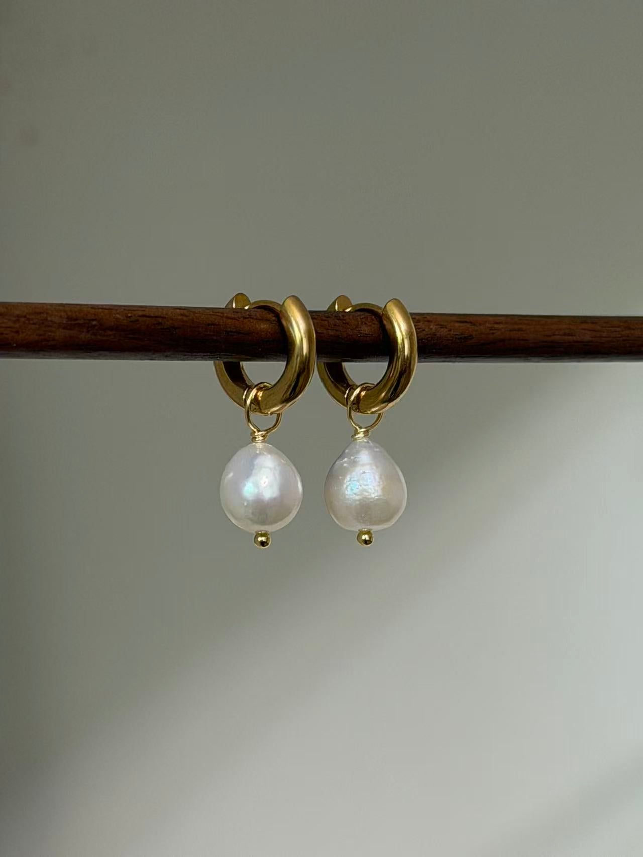 White Baroque Pearl Hoop Earrings Simple Elegant Drop Jewelry