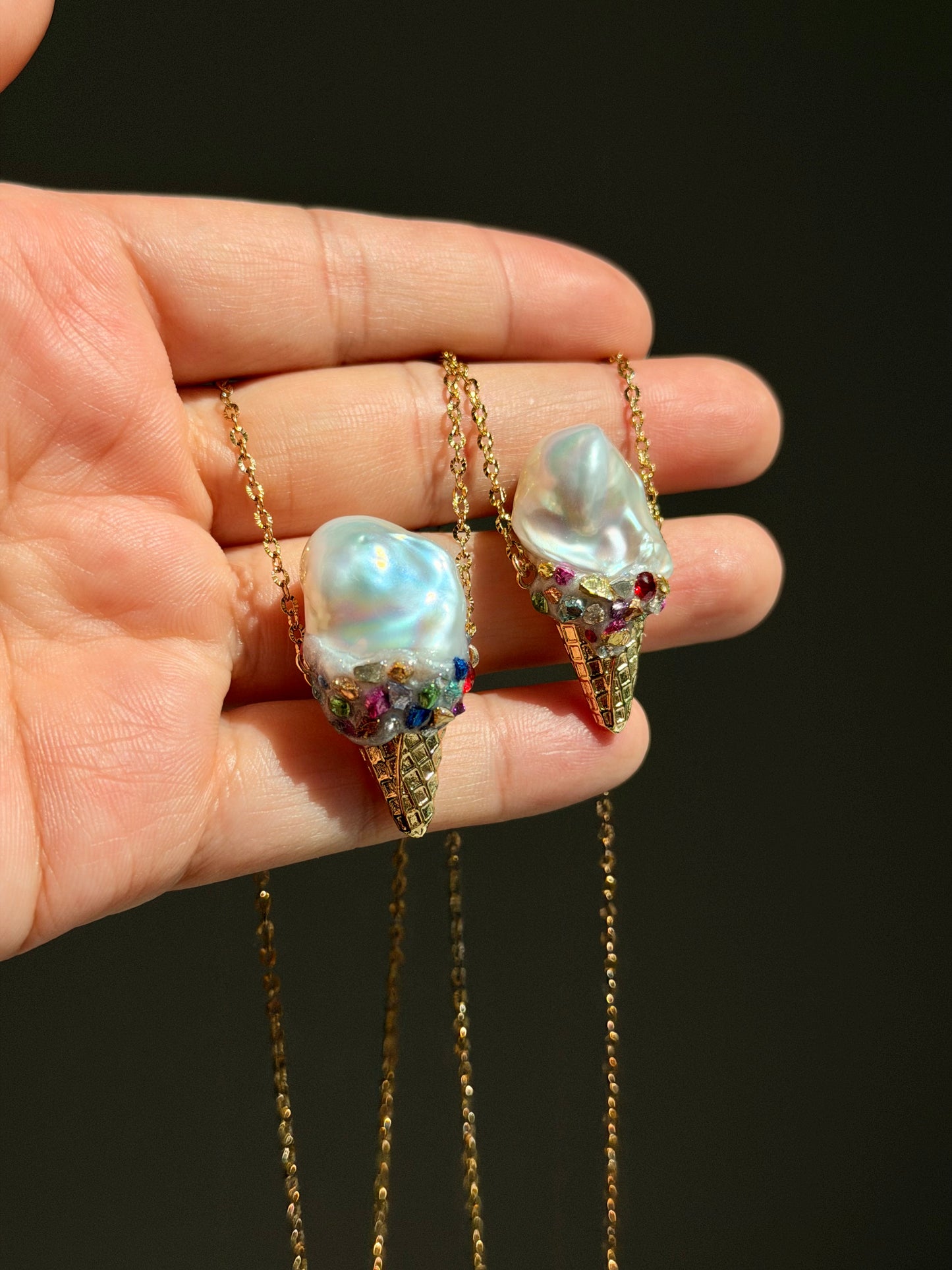 Baroque Pearl Ice Cream Cone Pendant Necklace Whimsical Jewelry