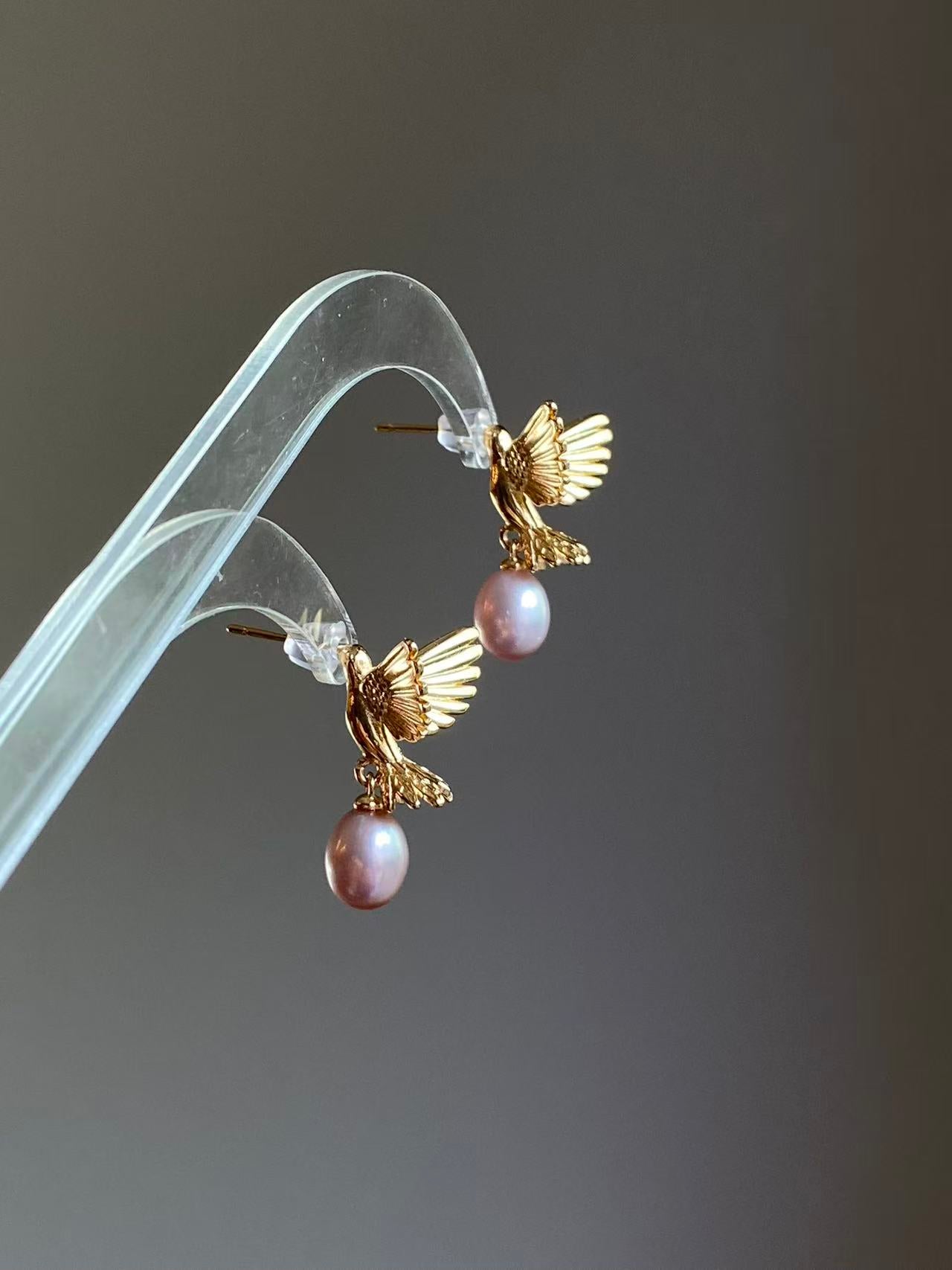 Gold Hummingbird Pearl Drop Earrings Nature Inspired Jewelry