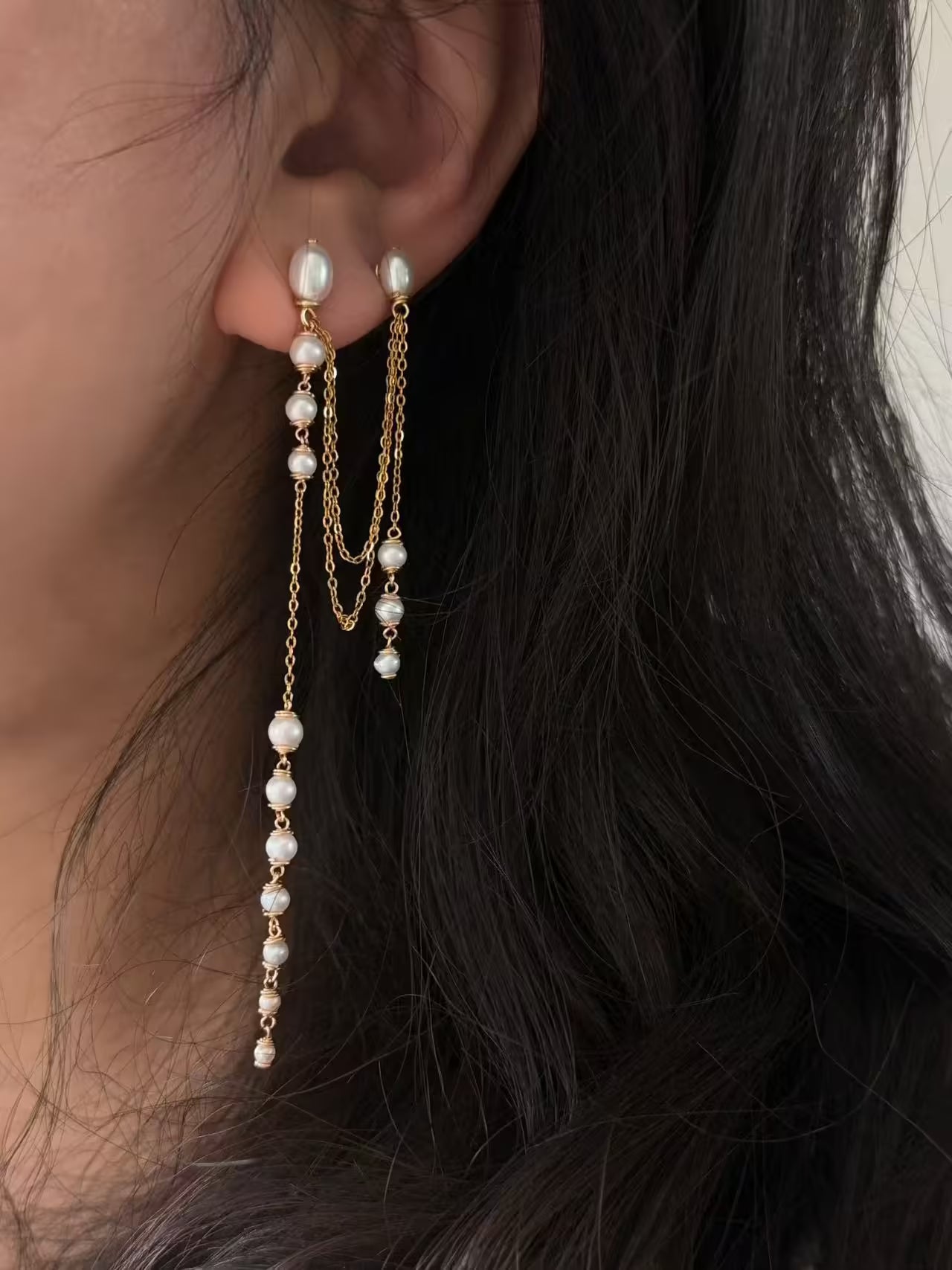 Extra Long Pearl Drop Earrings Asymmetric Gold Chain Dangles Earring