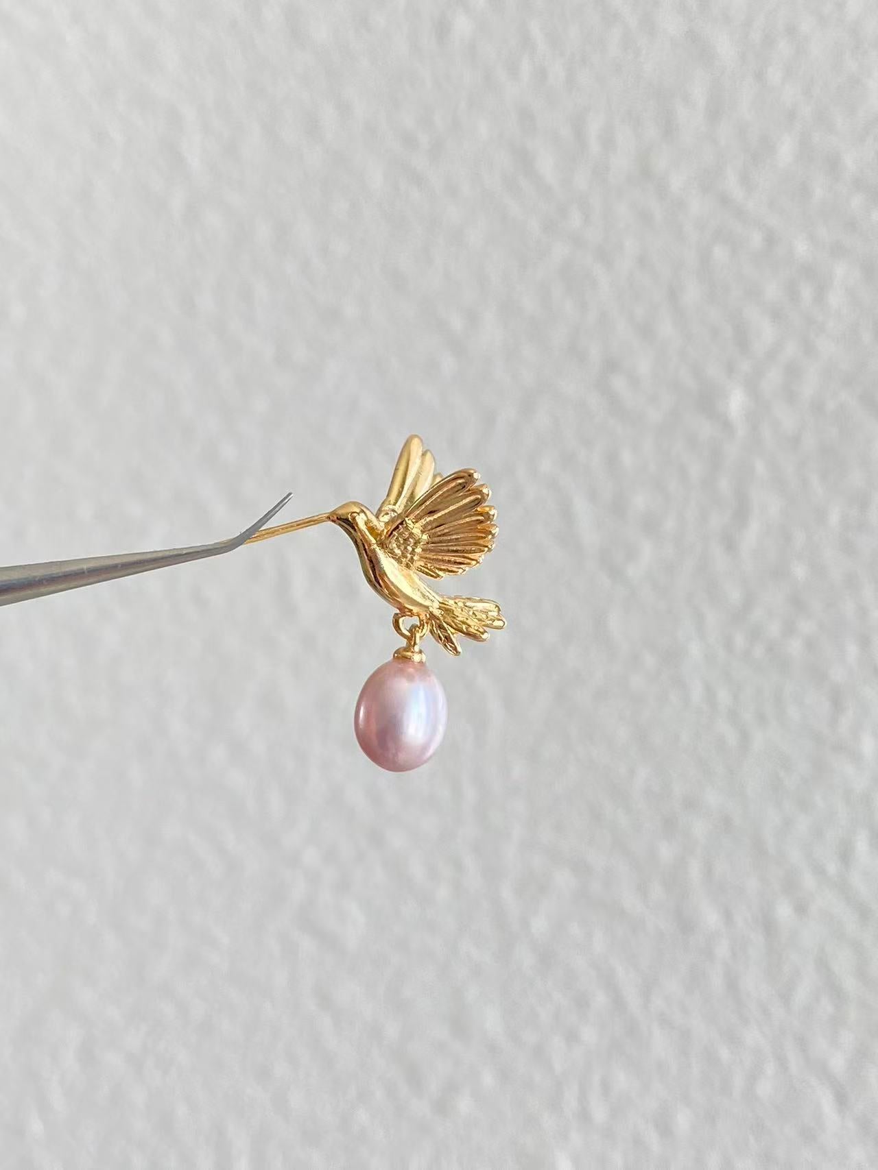 Gold Hummingbird Pearl Drop Earrings Nature Inspired Jewelry