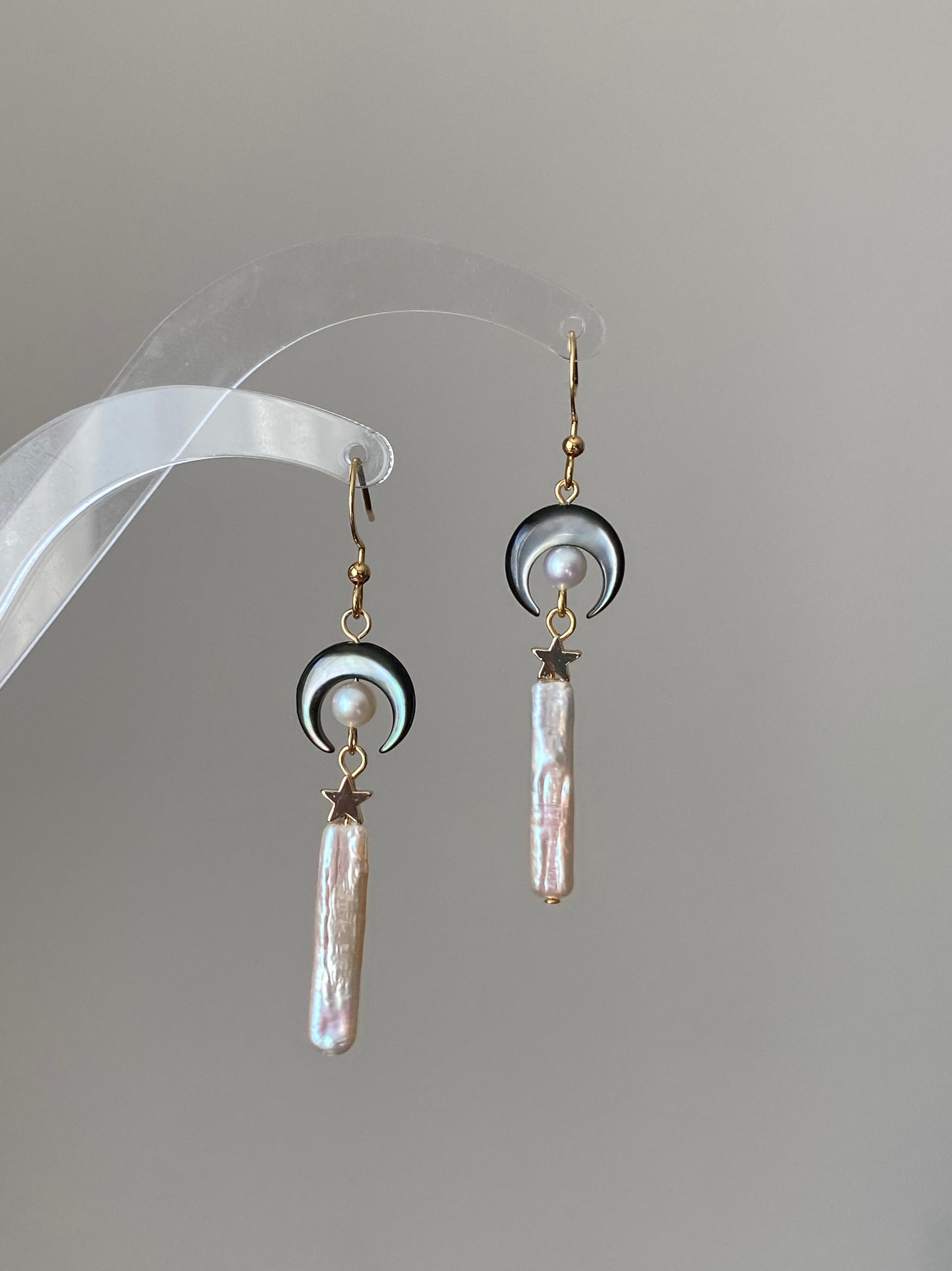 Crescent Moon Stick Pearl Earrings Celestial Witchy Jewelry