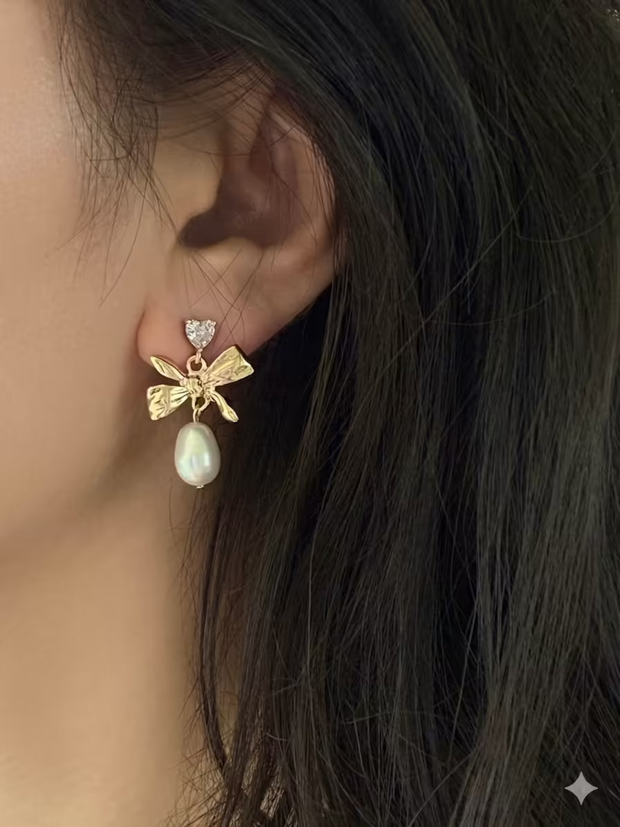 Heart Zirconia Bow Pearl Earrings Vintage Coquette Jewelry