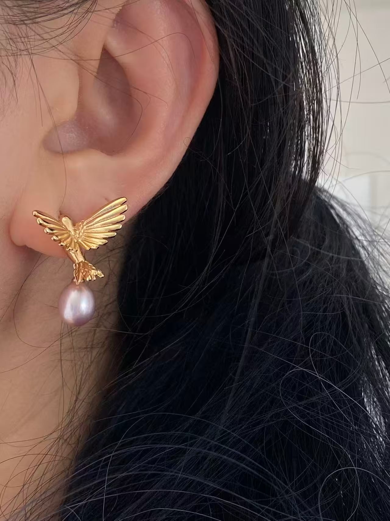 Gold Hummingbird Pearl Drop Earrings Nature Inspired Jewelry