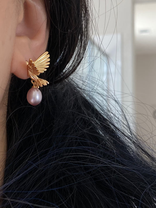 Gold Hummingbird Pearl Drop Earrings Nature Inspired Jewelry