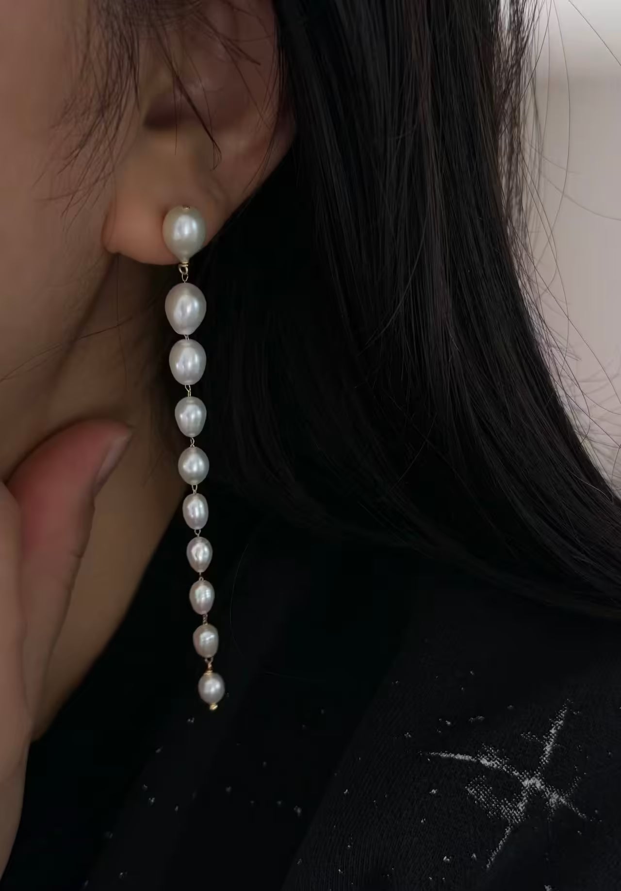 Graduated Pearl Line Earrings Long Minimalist Drop Jewelry
