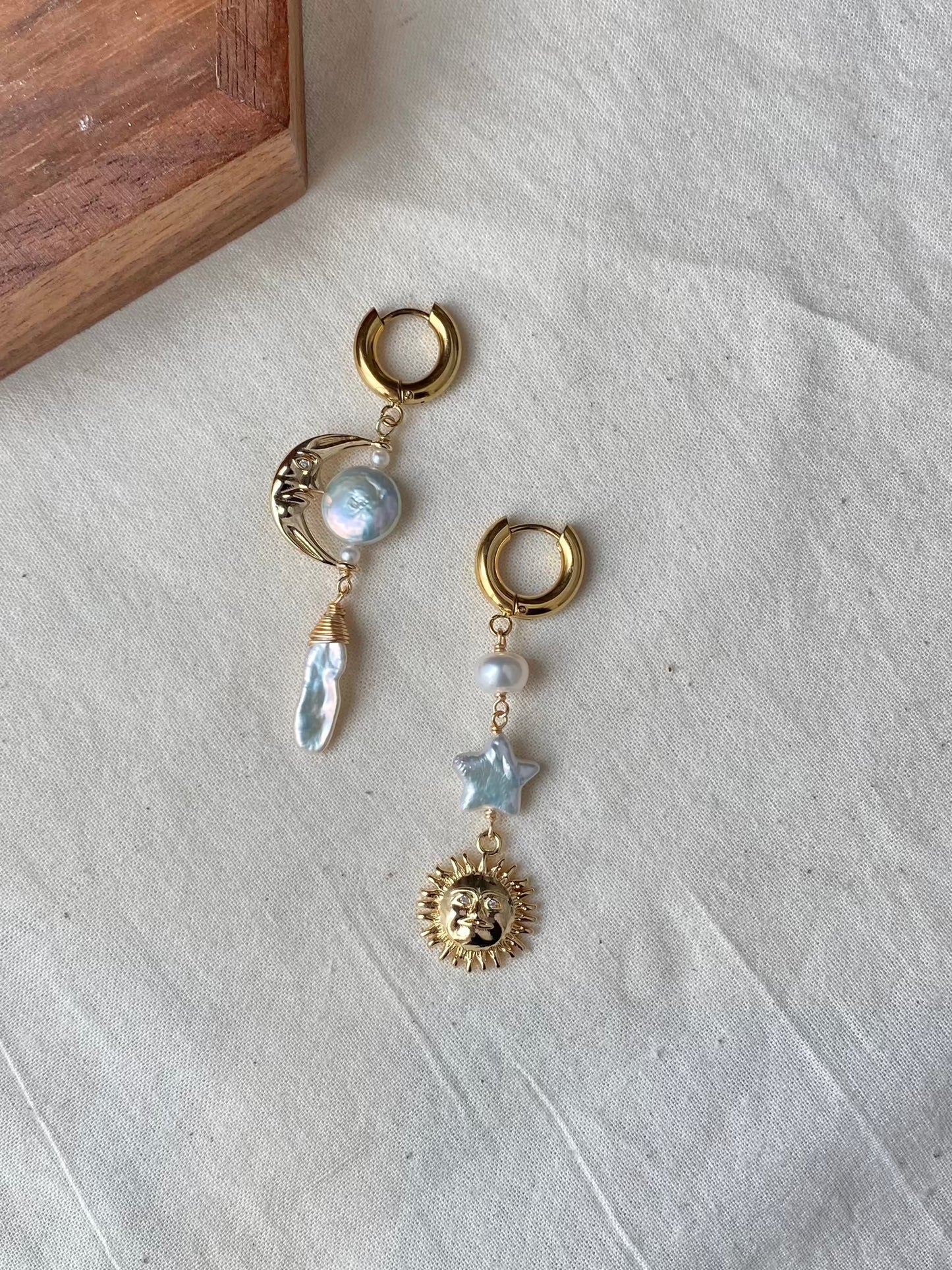 Handmade Natural Baroque Pearl Earrings - Celestial Sun Moon Star