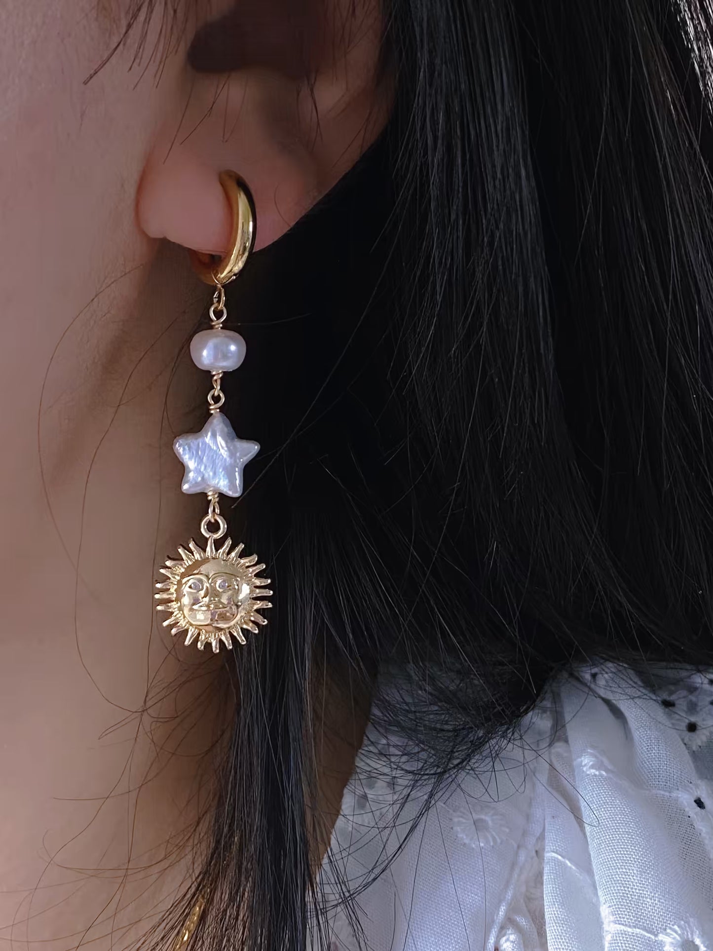 Handmade Natural Baroque Pearl Earrings - Celestial Sun Moon Star