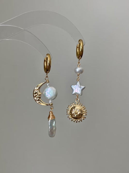 Handmade Natural Baroque Pearl Earrings - Celestial Sun Moon Star