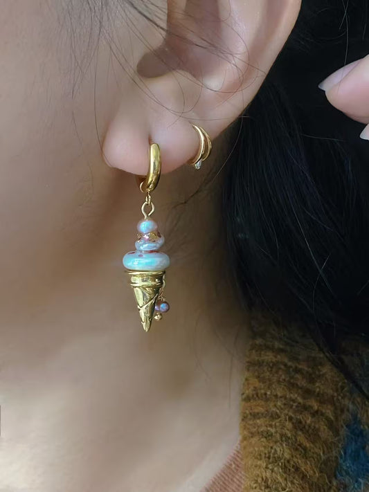 Ice Cream Pearl Drop Earrings Whimsical Gold Huggie Jewelry