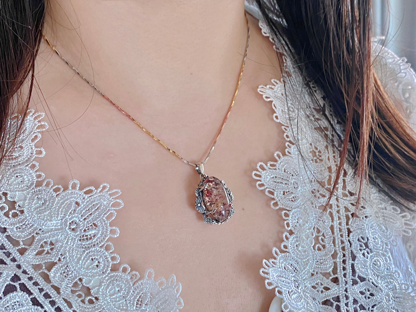 Handmade Natural Graduate Grade Super Seven Flower Sterling Silver setting Polished Necklace Pendant medication gift for her gift for him