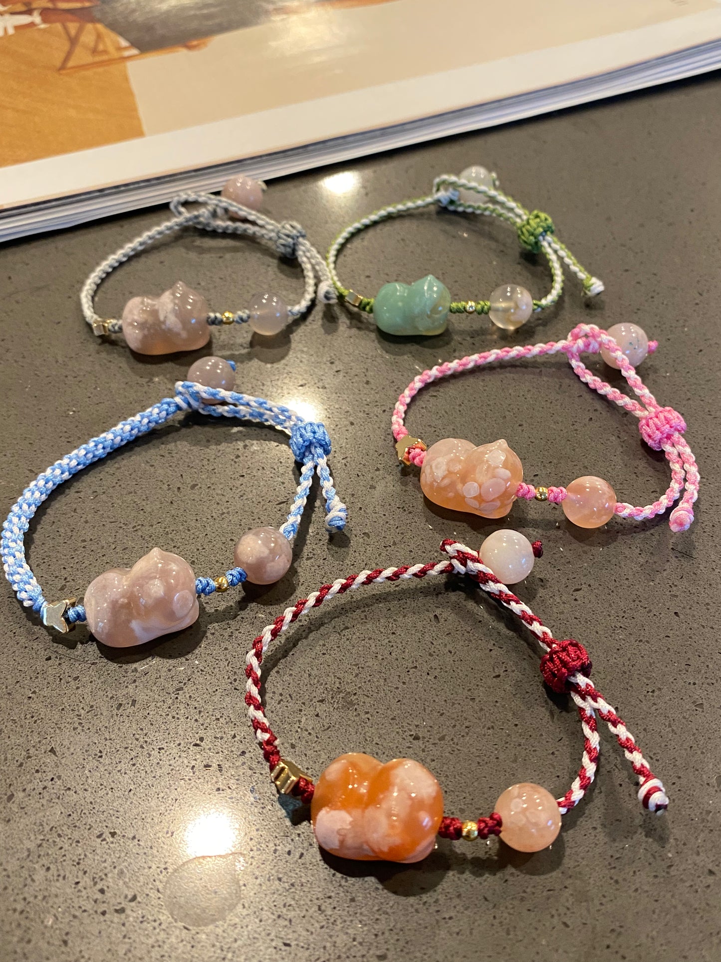 Natural hand carved flower agate,sakura agate,cherry blossom agate cat rope bracelet,self-grow and love