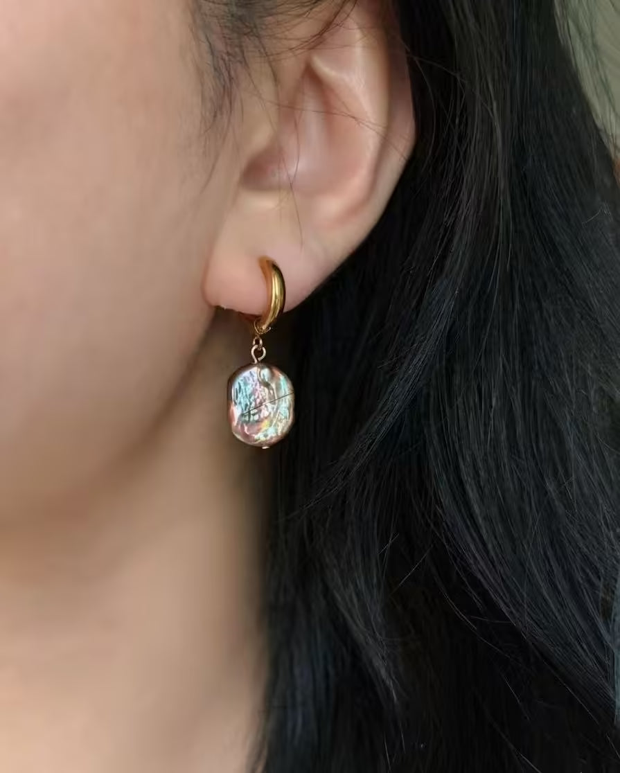 Iridescent Mermaid Pearl Hoop Earrings Baroque Oval Dangles