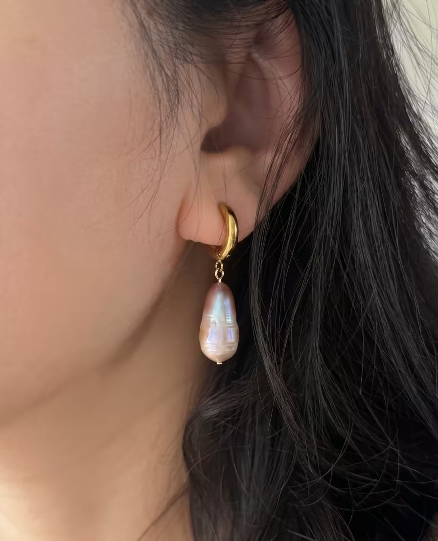 Iridescent Mermaid Pearl Hoop Earrings Baroque Bullet Dangles