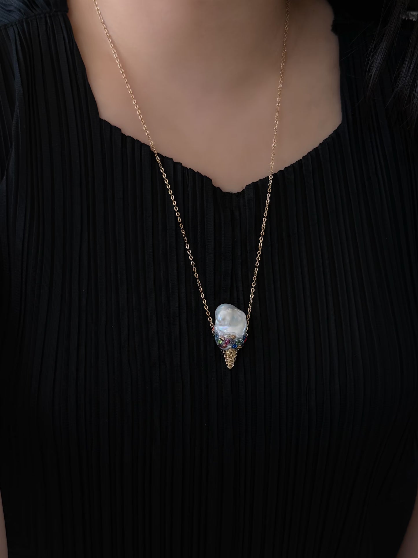 Baroque Pearl Ice Cream Cone Pendant Necklace Whimsical Jewelry
