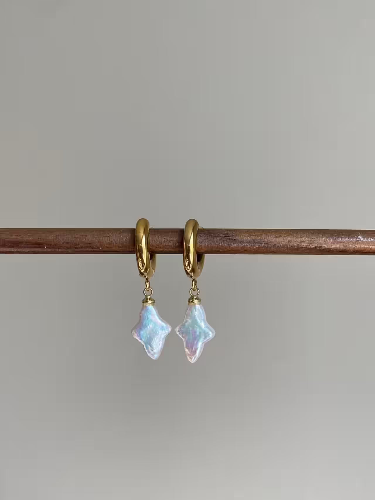 Baroque Pearl Cross Star Hoop Earrings – Four-Point Star Dangle, Gold Natural Pearl, Vintage Religious Bridal Jewelry