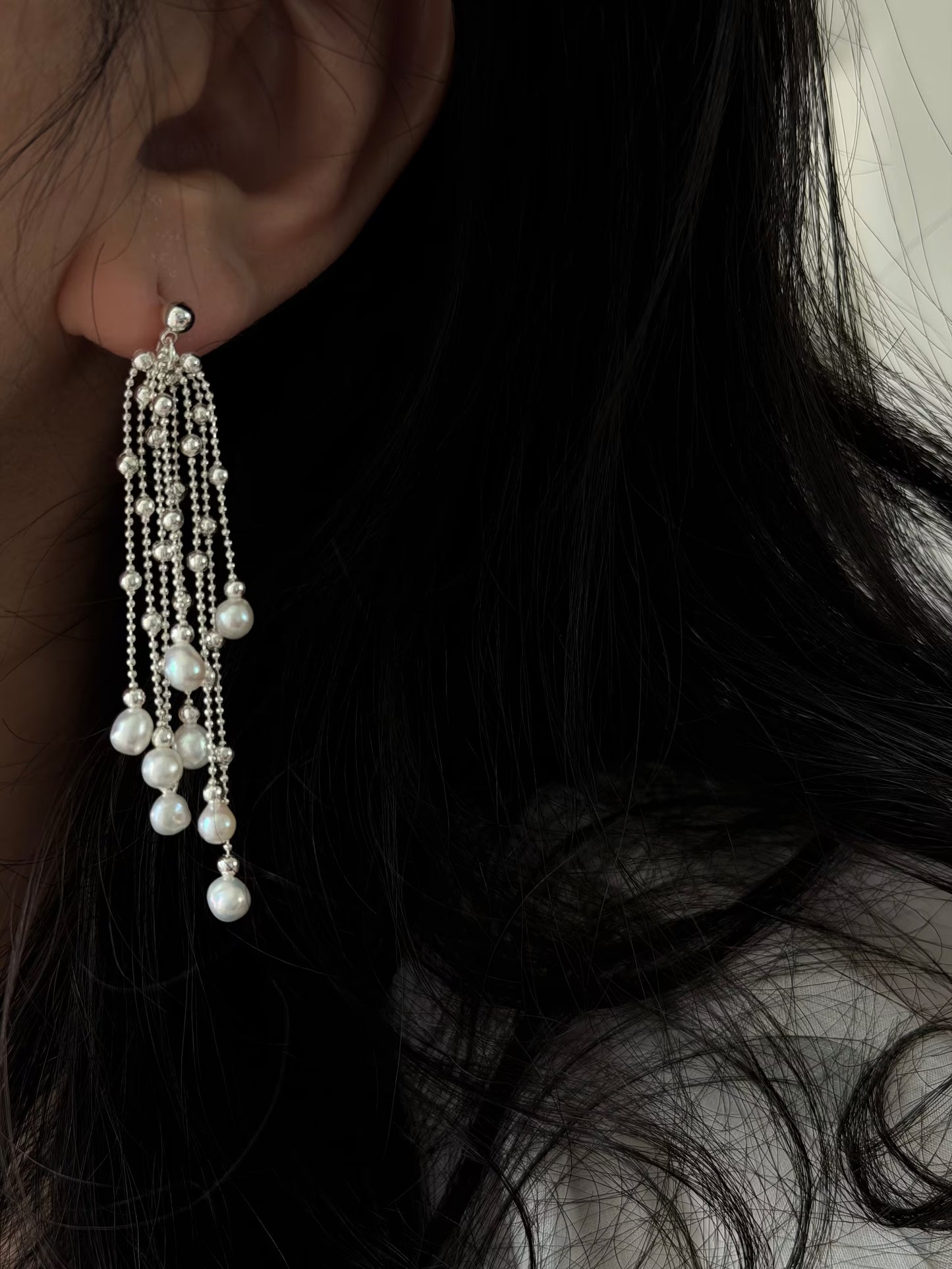 Pearl Waterfall Earrings Long Multi Strand Tassel Dangles