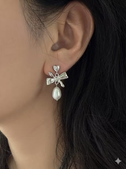 Heart Zirconia Bow Pearl Earrings Vintage Coquette Jewelry