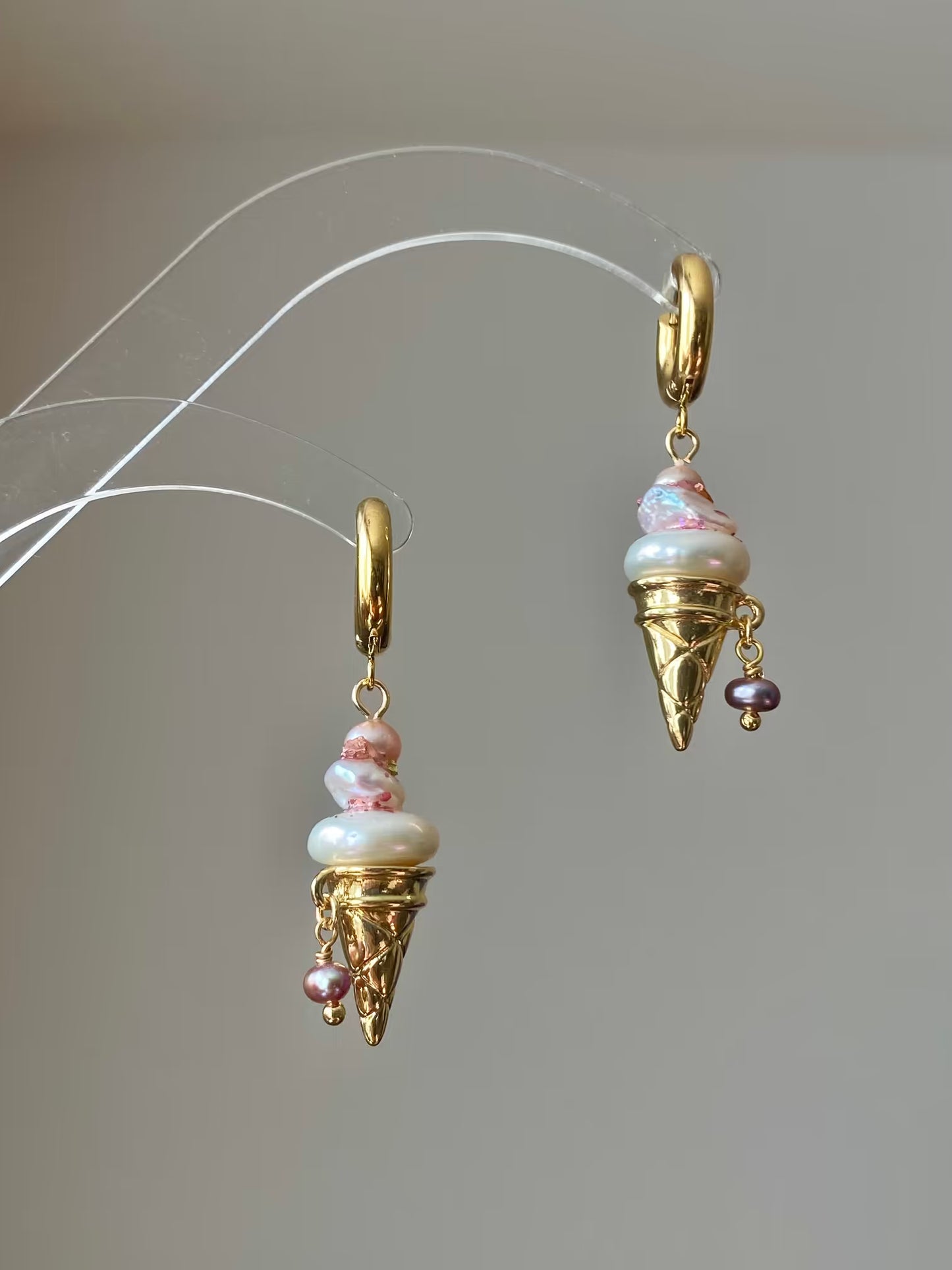 Ice Cream Pearl Drop Earrings Whimsical Gold Huggie Jewelry
