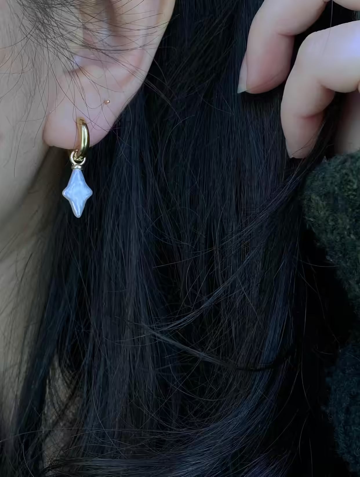 Baroque Pearl Cross Star Hoop Earrings – Four-Point Star Dangle, Gold Natural Pearl, Vintage Religious Bridal Jewelry