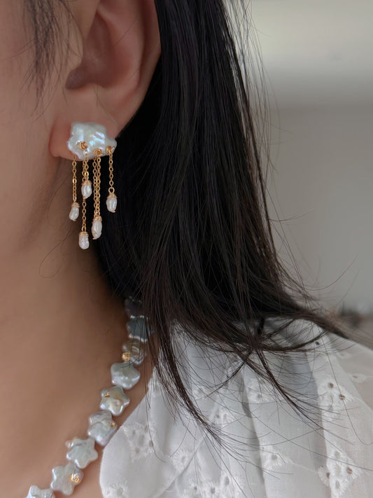 Thunderstorm Hand-Drilled Pearl Cloud Earrings | Hand-woven Raindrop Jewelry