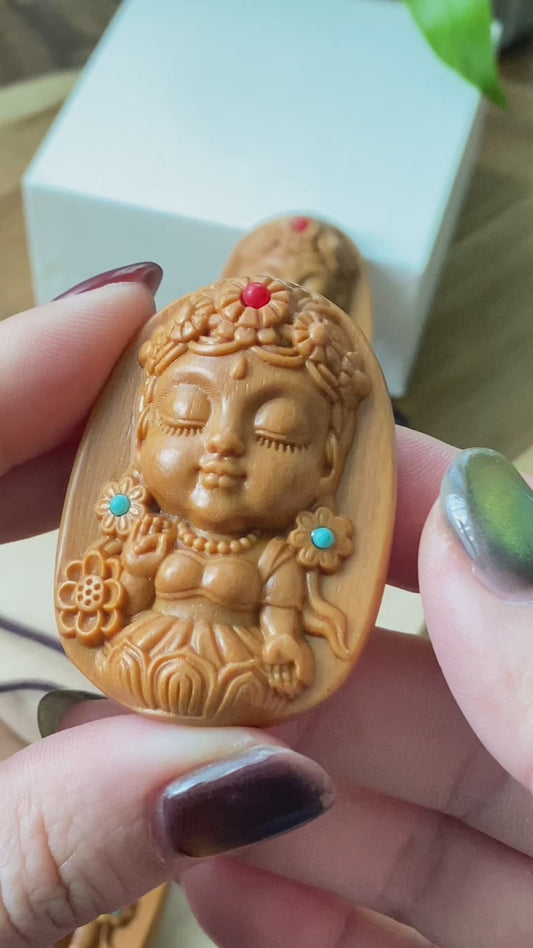 Green Verawood hand Sculpture Carving Dumu Tara car hanger Necklace pendant with turquoise rotate  Sanskrit