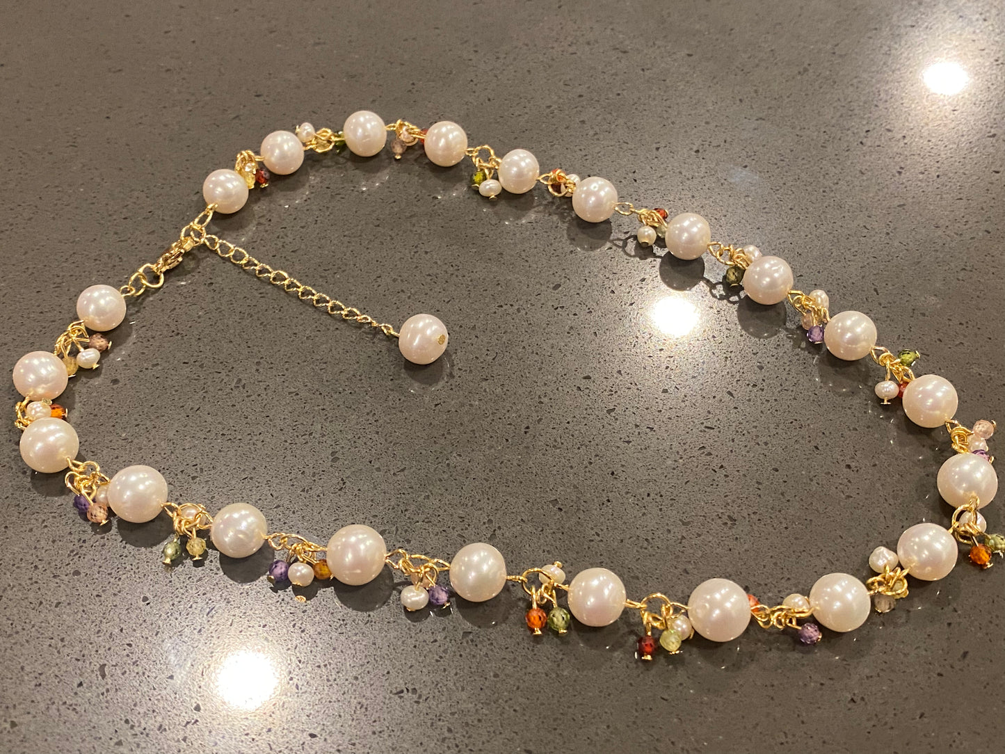 Natural Freshwater Pearl White round 8-9MM Baroque Pearls with rainbow colorful facted Crystal 14K gold Necklace